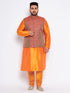 Vastramay Men's Plus Size Maroon Woven Nehru Jacket With Orange Kurta And Pyjama Set